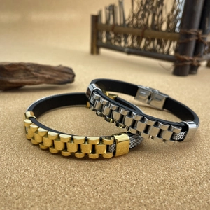 Men's titanium steel watchband style bracelet with matte black silicone and metal links