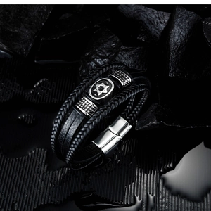 Multi-layer black leather bracelet for men featuring a silver Star of David metal charm