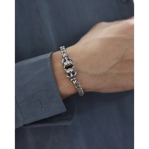 Men's hip-hop tiger head bracelet in retro silver steel with a braided chain design