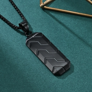 Men's hexagonal black stainless steel pendant with tire tread texture on square pearl chain