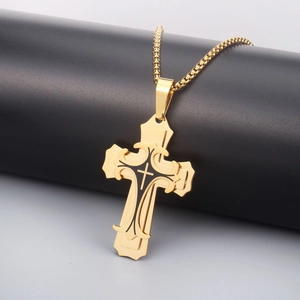 Vintage gold layered cross necklace with black enamel floral texture and beaded chain link