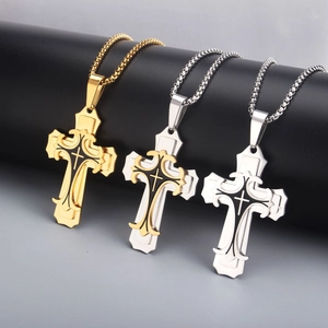 Gothic multilayer cross necklace set in gold and silver finish with black enamel detailing