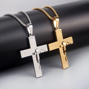 Doppelkreuz-Halskette mit Gravur des Vaterunsers in Gold- und Silberoptik