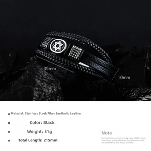 Close-up of multilayer leather bracelet with steel hexagram pendant and dimensions detail