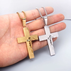 Polierte Doppelkreuz-Halsketten in Gold und Silber mit graviertem Vaterunser-Gebet