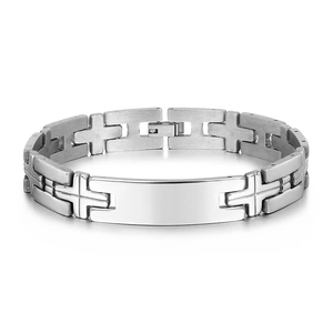 Minimalist silver stainless steel bracelet featuring cross links and a curved ID plate