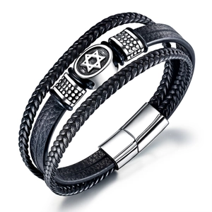 Men's Multi-layer Braided Synthetic Leather Bracelet Stainless Steel Star Of David Hexagram Charm Magnetic Clasp Jewelry