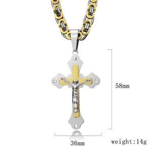 Three-layer iced out crucifix pendant necklace with Byzantine chain in gold and silver tone
