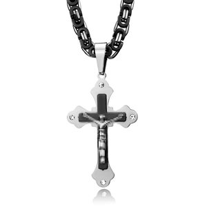 Titanium Steel Jesus Cross Pendant Necklace For Men Silver Black Byzantine Chain Inlaid Rhinestone Hip Hop Punk Religious Jewelry
