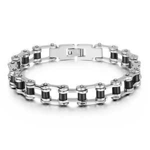 Bracelet pour homme en acier inoxydable argenté et noir style chaîne de vélo avec fermoir à rabat