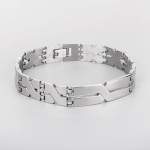 Men's stainless steel geometric chain bracelet with polished X-shaped links and secure clasp