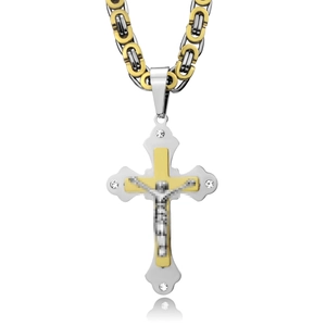 Hip Hop Punk Two Tone Cross Pendant Necklace For Unisex Titanium Steel Byzantine Chain Religious Rhinestone Jewelry