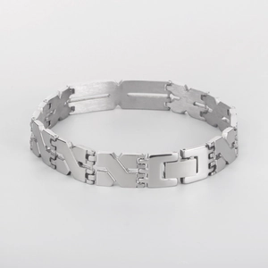 Minimalist silver stainless steel bracelet for men with geometric X-link interlocking design