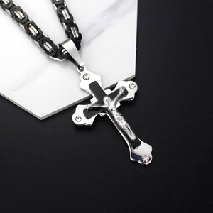 Men's punk cross pendant with rhinestones on a black and silver Byzantine chain