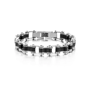 Close-up of industrial bicycle chain bracelet in stainless steel with black silicone