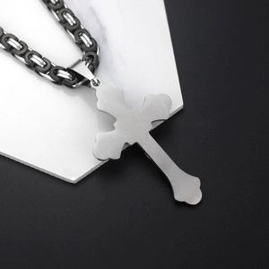 Punk style cross pendant necklace with silver and black steel chain for men