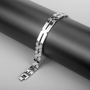 Minimalist silver stainless steel men's bracelet with X-shaped links and polished finish