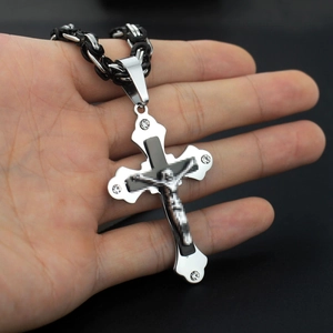 Gothic punk black stainless steel cross pendant necklace with sparkling rhinestones