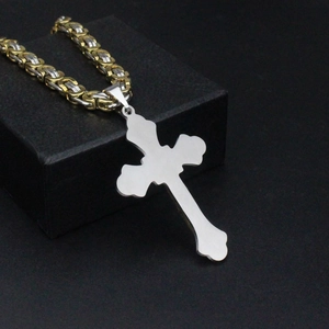 Hip hop punk style cross pendant necklace with three-layer gold and silver toned chain