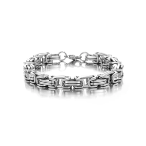 Close-up of the Byzantine chain weave and lobster clasp on silver steel bracelet
