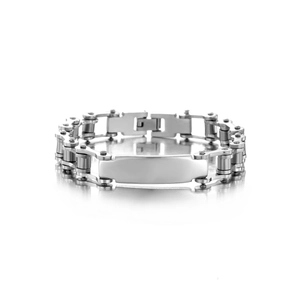 Polished stainless steel motorcycle chain bracelet with a blank rectangular metal plate
