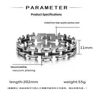 Detailed view of multilayer men's steel bracelet with black inserts and specifications