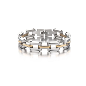 Detailed view of dual-tone silver and gold stainless steel men's link bracelet