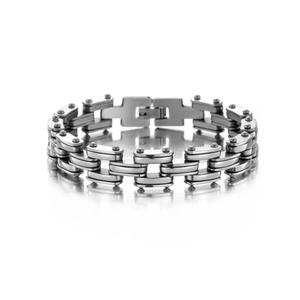 Macro shot of industrial titanium steel chain bracelet with rivet details and polished finish