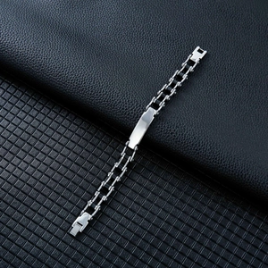 Men's industrial stainless steel bike chain bracelet with engravable rectangular plate