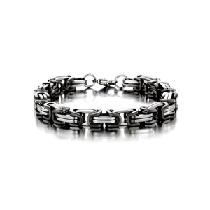Detail of two-tone Byzantine chain bracelet with silver and black steel links and lobster clasp