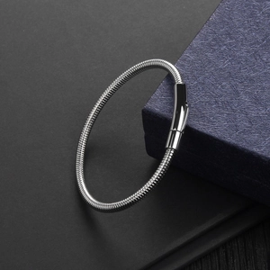 Detailed macro view of silver snake chain bracelet with polished cylindrical clasp