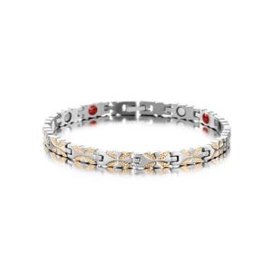 Detail of magnetic therapy bracelet showing inner health stones and silver links