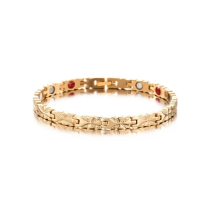 Detail of gold titanium steel magnetic bracelet with hollow X-links and colored energy stones
