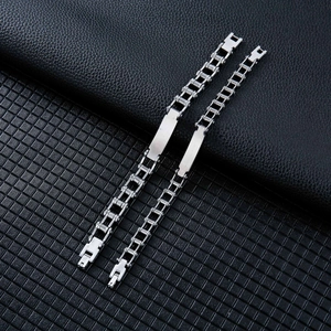 Men's stainless steel bicycle chain bracelets with smooth rectangular metal plate on leather