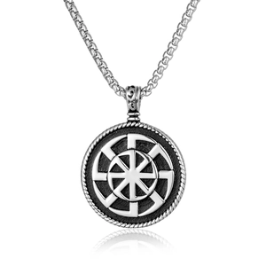 Vintage Slavic Sun Wheel Kolovrat Round Pendant Necklace For Men Retro Stainless Steel Polished Ethnic Medallion Necklace Jewelry Gift