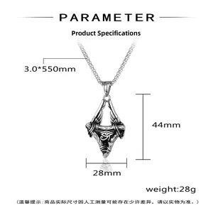 Detail view of Eye of Horus triangle pendant with 44mm x 28mm dimensions and 550mm chain