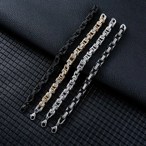 Detail of multi-color Byzantine square link steel bracelets with classic lobster clasps