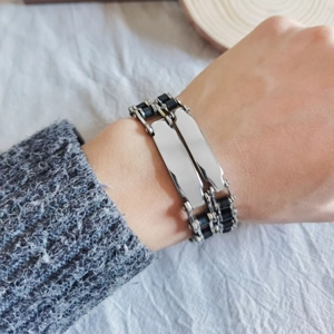 Industrial style stainless steel bike chain bracelet with dual polished metal plates