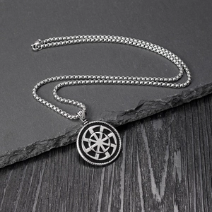 Vintage Viking Kolovrat sun wheel pendant necklace with a premium silver box chain