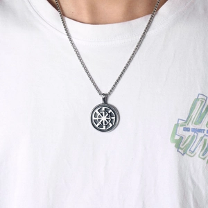 Vintage Viking Kolovrat sun wheel round pendant necklace for men in silver finish
