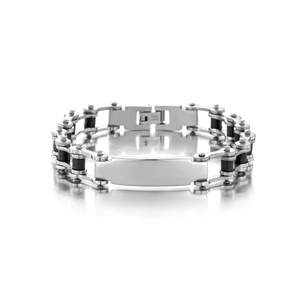 Polished stainless steel bike chain bracelet with curved ID plate for custom engraving