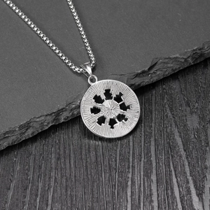 Viking Rune stainless steel sunburst pendant necklace with round silver geometric disc