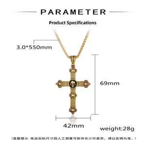 Gothic gold cross pendant necklace with skull detail and measurements 69x42mm
