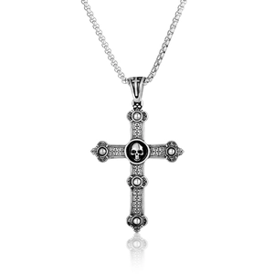 Vintage gothic cross necklace with skull pendant in retro polished stainless steel