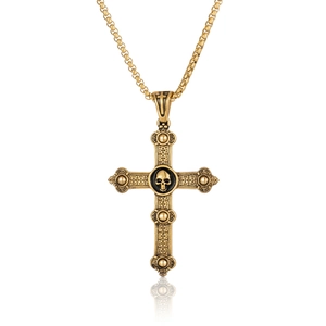 Golden gothic cross necklace with skull center and Celtic knot patterns on box chain