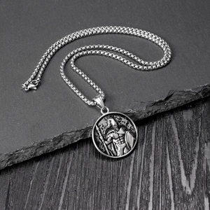 Vintage Spartan warrior pendant necklace with round box chain in polished stainless steel