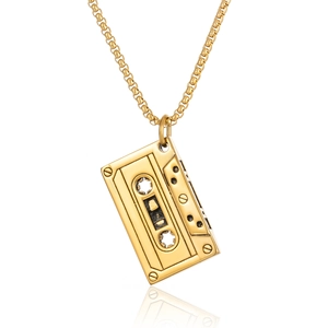 Retro golden cassette tape pendant necklace with a polished vintage music recorder design