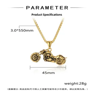 Detail view of gold motorcycle pendant with 3x550mm chain specs and size dimensions
