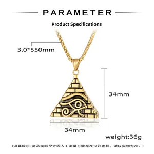 Detailed specs of Eye of Horus pyramid pendant with 550mm chain dimensions and weight