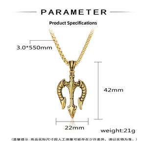 Detailed dimensions of a vintage gold trident pendant with a 3.0mm box chain
